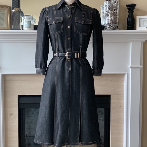 Cache Black Raw Denim Button Front A-line Dress, 4 - Picture 1 of 9